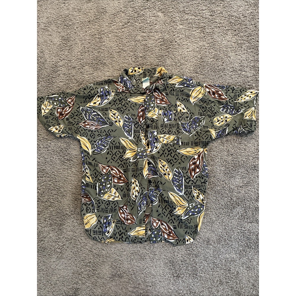Vtg 80s 90s Hawaiian Aloha Shirt Mens L Leafs Buttons Hawaii
